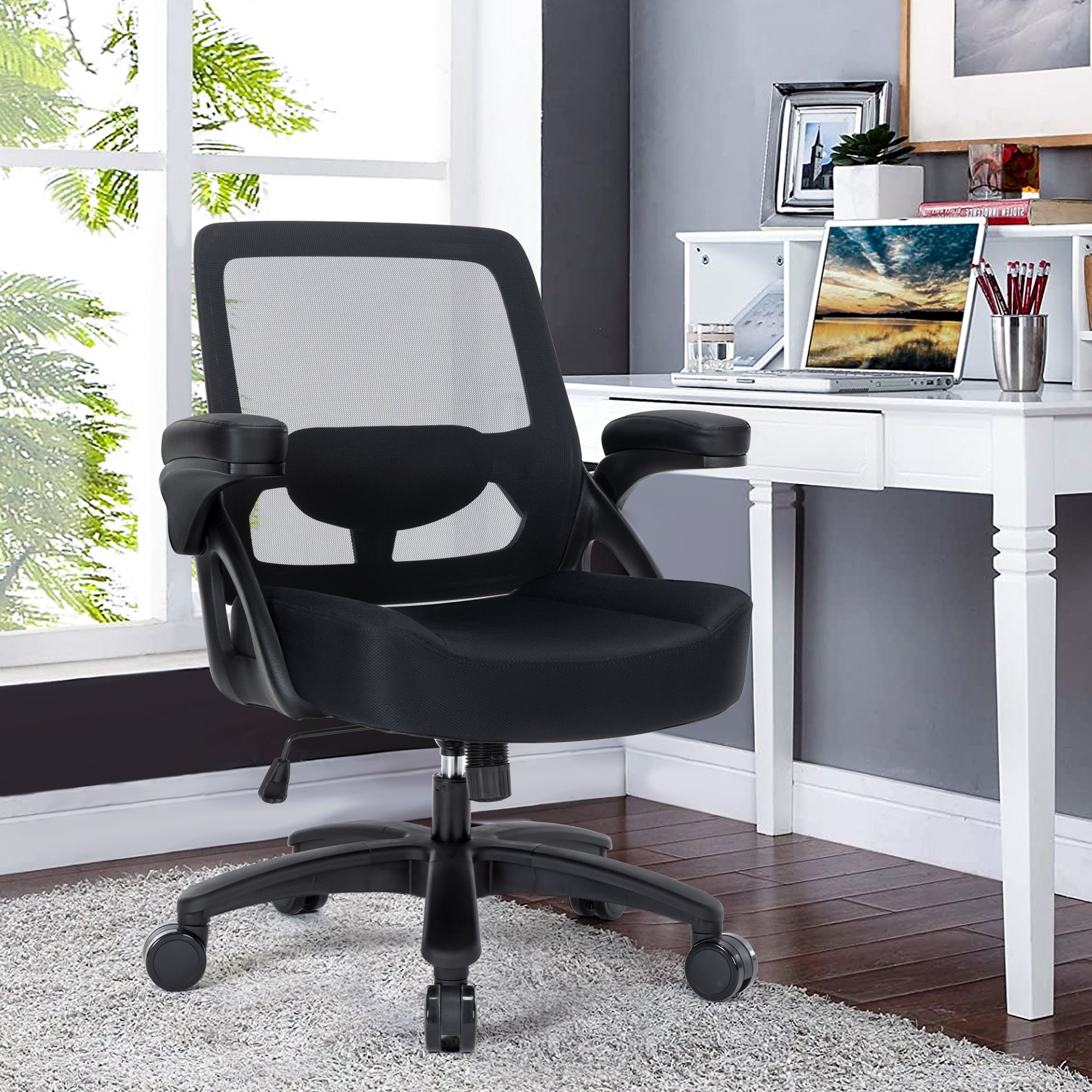 Big And Tall Office Chair 400lbs With Flip-up Arms, Mesh Ergonomic Heavy Duty Computer Chair Desk Chair Wide Seat, Executive Swivel Task Rolling Chairs For Heavy People_maomaolike.com